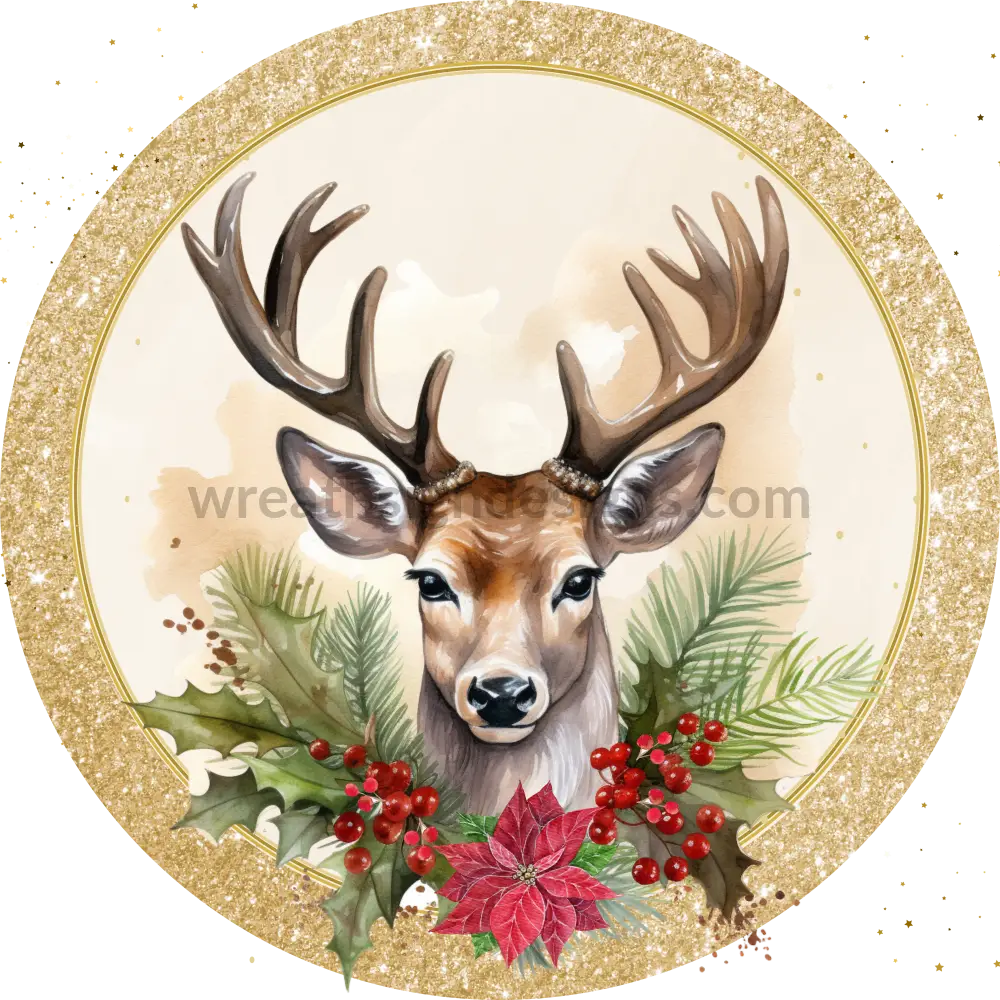 Winter Deer With Gold Border And Poinsetttias Round Metal Wreath Sign 8