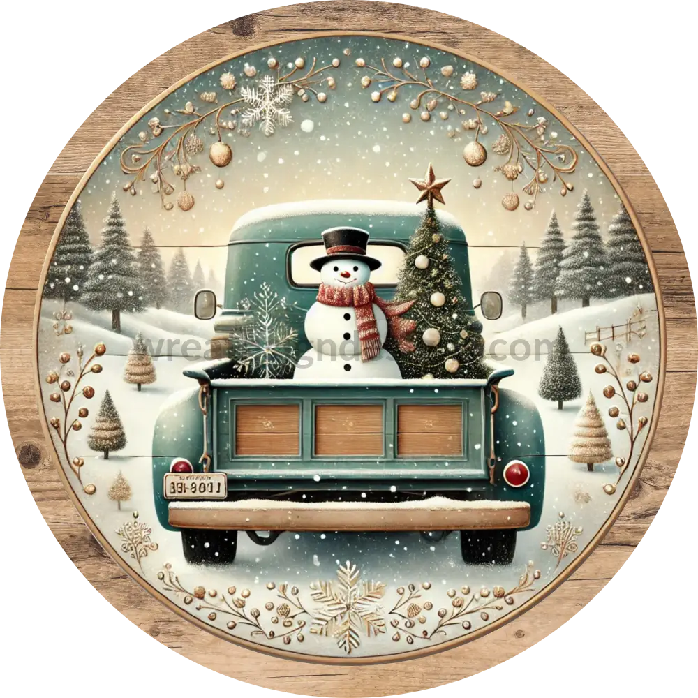 Winter Snowman Truck Sage Gold And Cream