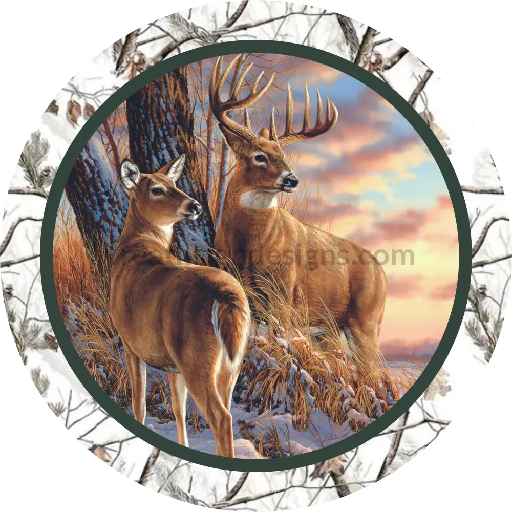 Winter Sunset Deer Buck and Doe Round Metal Wreath Sign – Wreath Sign  Designs