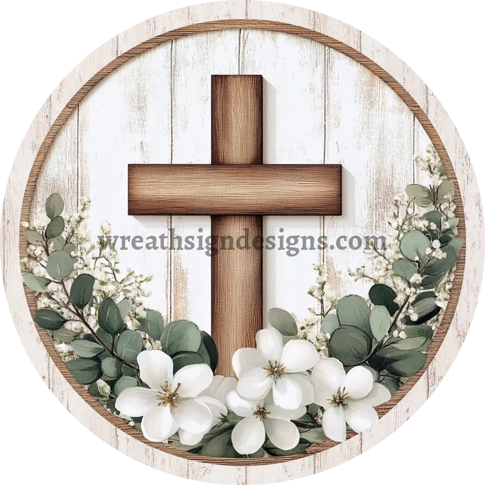 Wooden Cross and Eucalyptus-Christian Faith Metal wreath Sign MS-1142 6’’