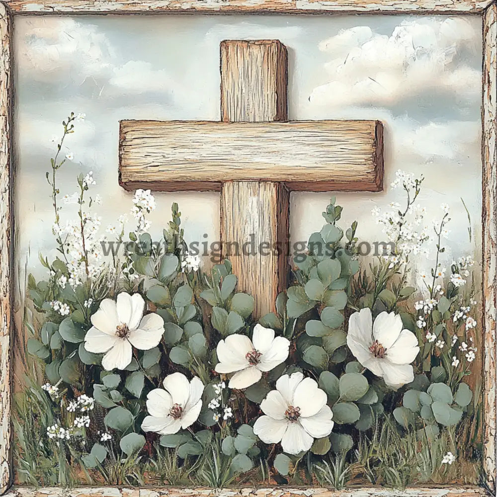 Wooden Cross and Eucalyptus Metal Wreath Sign MS-1144 8’’