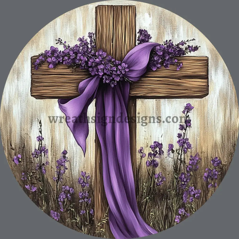 Wooden Cross With Purple Flowers-Christian Faith Metal Wreath Sign 8’’ 12X6 Metal Sign