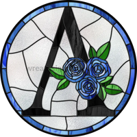 10 Stained Glass Blue Rose Initials-10- Round Metal Wreath Sign A