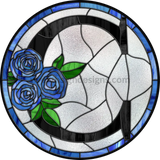 10 Stained Glass Blue Rose Initials-10- Round Metal Wreath Sign C
