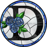 10 Stained Glass Blue Rose Initials-10- Round Metal Wreath Sign D
