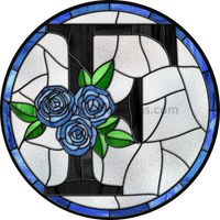 10 Stained Glass Blue Rose Initials-10- Round Metal Wreath Sign F