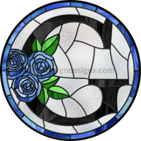 10 Stained Glass Blue Rose Initials-10- Round Metal Wreath Sign G