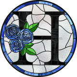 10 Stained Glass Blue Rose Initials-10- Round Metal Wreath Sign H