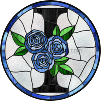 10 Stained Glass Blue Rose Initials-10- Round Metal Wreath Sign I