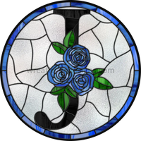 10 Stained Glass Blue Rose Initials-10- Round Metal Wreath Sign J