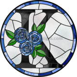 10 Stained Glass Blue Rose Initials-10- Round Metal Wreath Sign K