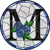 10 Stained Glass Blue Rose Initials-10- Round Metal Wreath Sign M