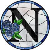 10 Stained Glass Blue Rose Initials-10- Round Metal Wreath Sign N