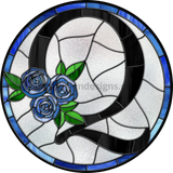 10 Stained Glass Blue Rose Initials-10- Round Metal Wreath Sign Q