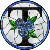 10 Stained Glass Blue Rose Initials-10- Round Metal Wreath Sign T