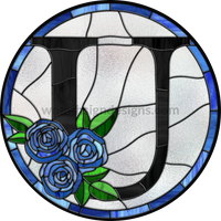 10 Stained Glass Blue Rose Initials-10- Round Metal Wreath Sign U