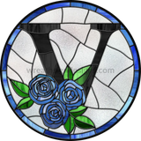 10 Stained Glass Blue Rose Initials-10- Round Metal Wreath Sign V