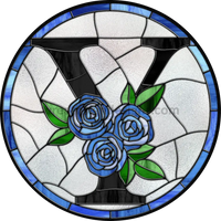 10 Stained Glass Blue Rose Initials-10- Round Metal Wreath Sign Y