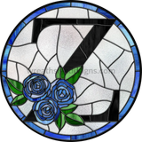 10 Stained Glass Blue Rose Initials-10- Round Metal Wreath Sign Z