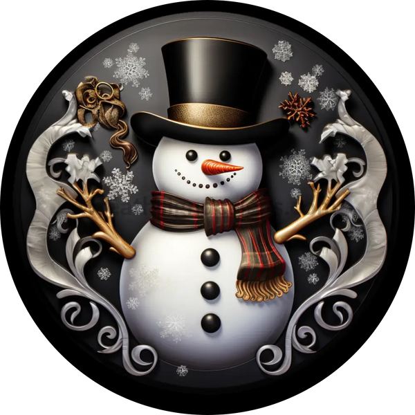 3D Black And Gold Snowman Winter Wreath Sign 8 Circle
