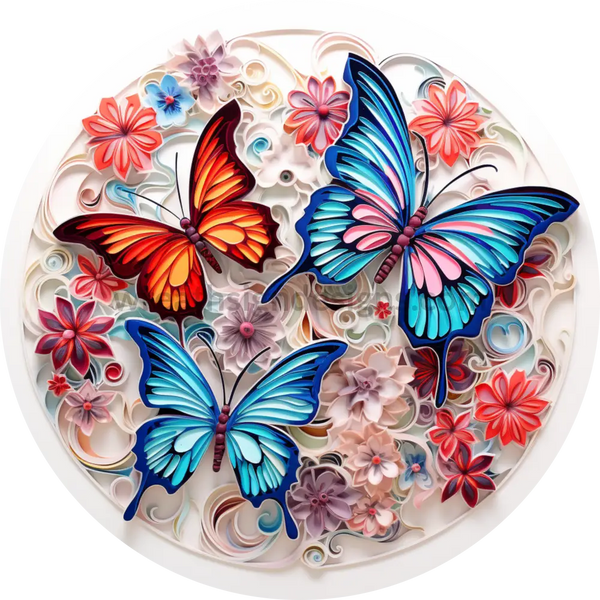 3D Butterflies And Wildflowers Metal Wreath Sign 8 Circle