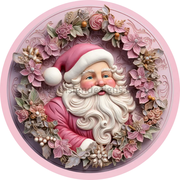 3D Pink Santa Christmas Round Wreath Sign 6