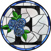 8 Stained Glass Blue Rose Initials-8- Round Metal Wreath Sign E