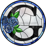 8 Stained Glass Blue Rose Initials-8- Round Metal Wreath Sign G