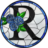 8 Stained Glass Blue Rose Initials-8- Round Metal Wreath Sign R