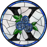 8 Stained Glass Blue Rose Initials-8- Round Metal Wreath Sign X