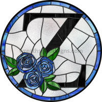 8 Stained Glass Blue Rose Initials-8- Round Metal Wreath Sign Z