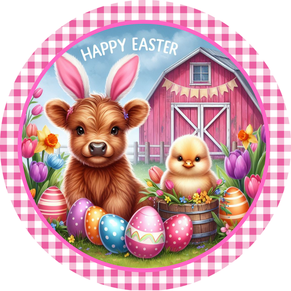 Happy Easter Highland cow and baby Chick- Metal wreath Sign