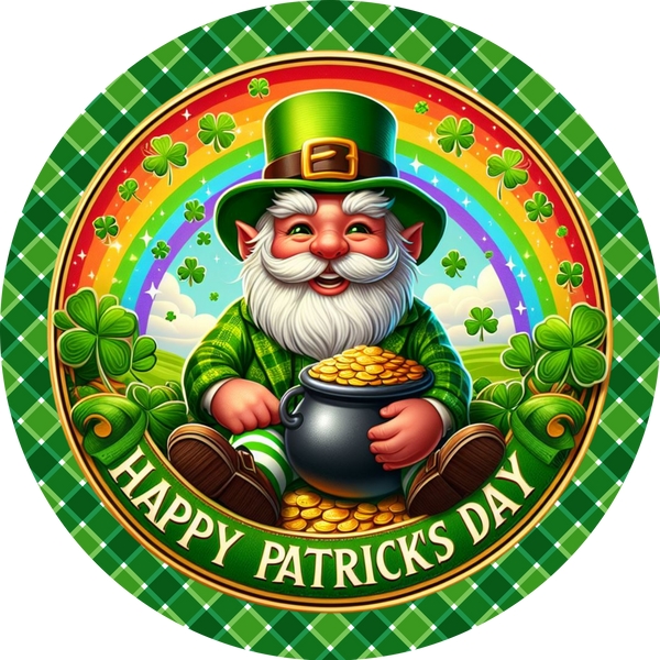 Happy St Patricks Day Leprechaun with his pot of gold- Round Metal Sign