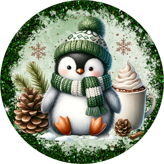Green winter penguin metal wreath sign