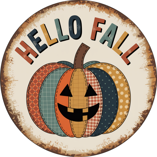 Hello Fall Quilted Pumpkin- Metal Fall Wreath Sign MS-1697