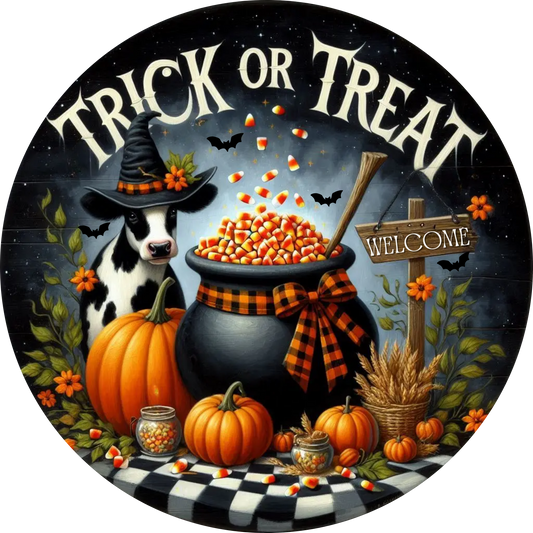 Trick or Treat Candy Corn Cow Halloween Wreath Sign MS-1718