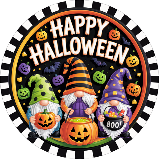 Happy Halloween Jack O Lantern Gnomes Metal Wreath Sign MS-1720