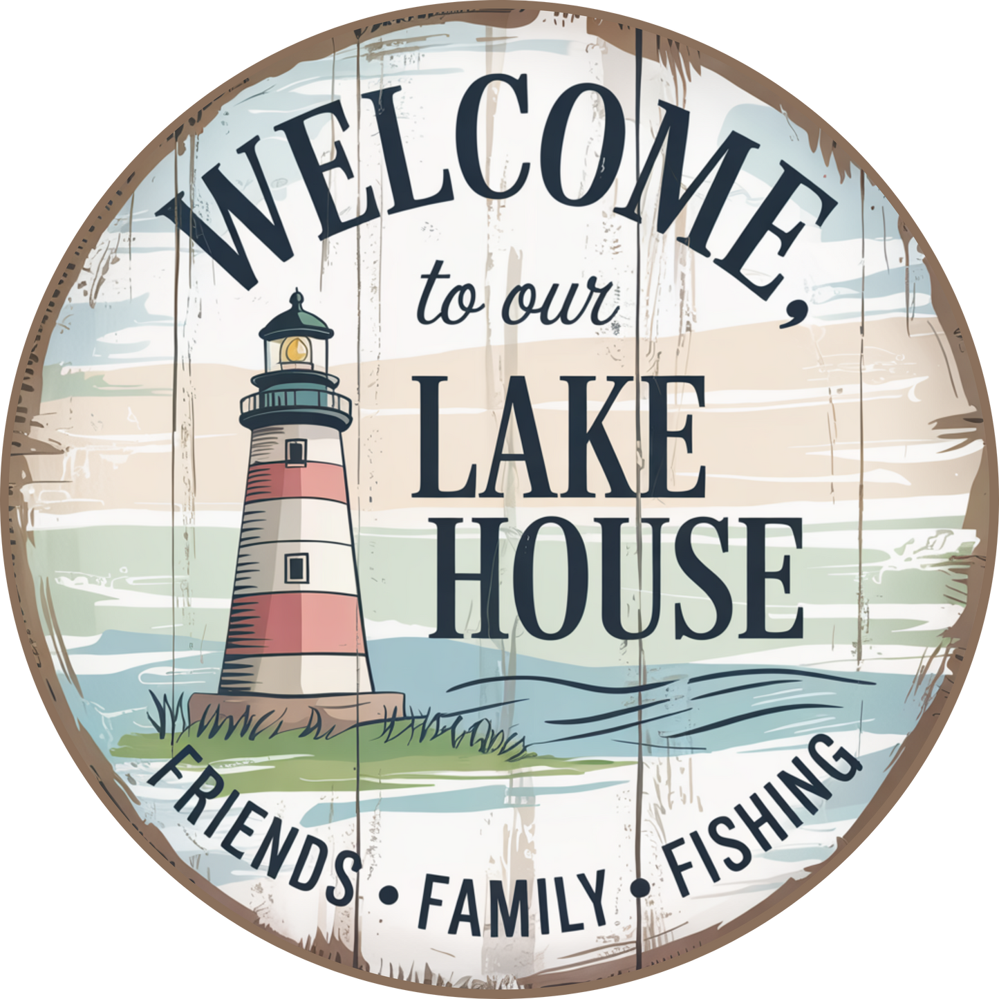 Welcome to our Lake House  Lighthouse Metal Wreath Sign MS-1732