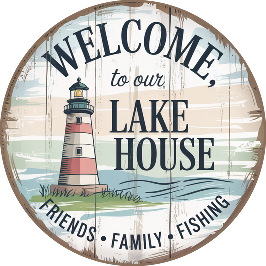 Welcome to our Lake House  Lighthouse Metal Wreath Sign MS-1732