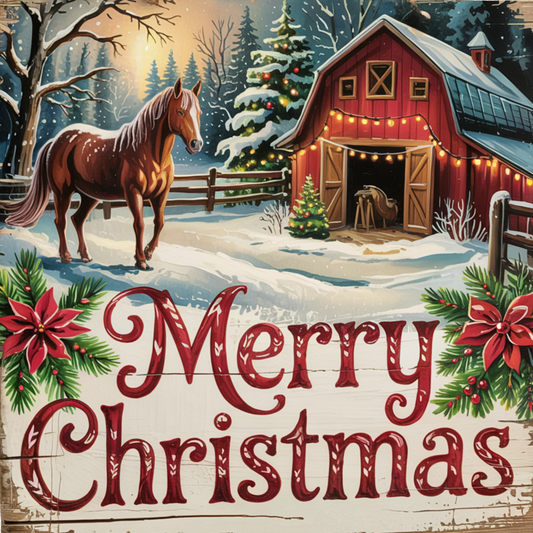 Merry Christmas Horse and Winter Barn Metal Wreath Sign MS-1739