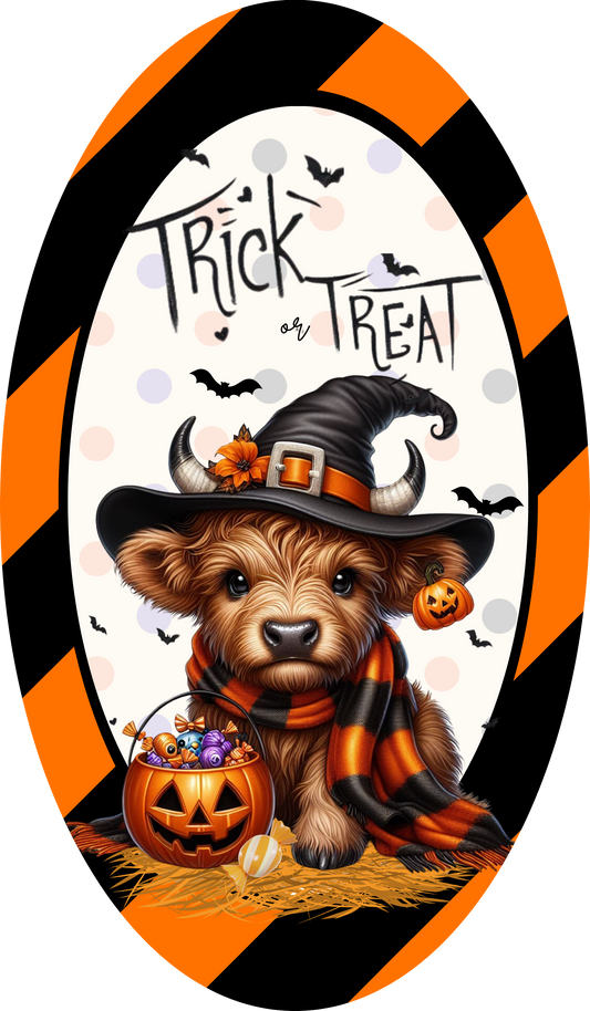 Trick or treat highland witchy highland cow 12x7 oval -Halloween Metal wreath Sign