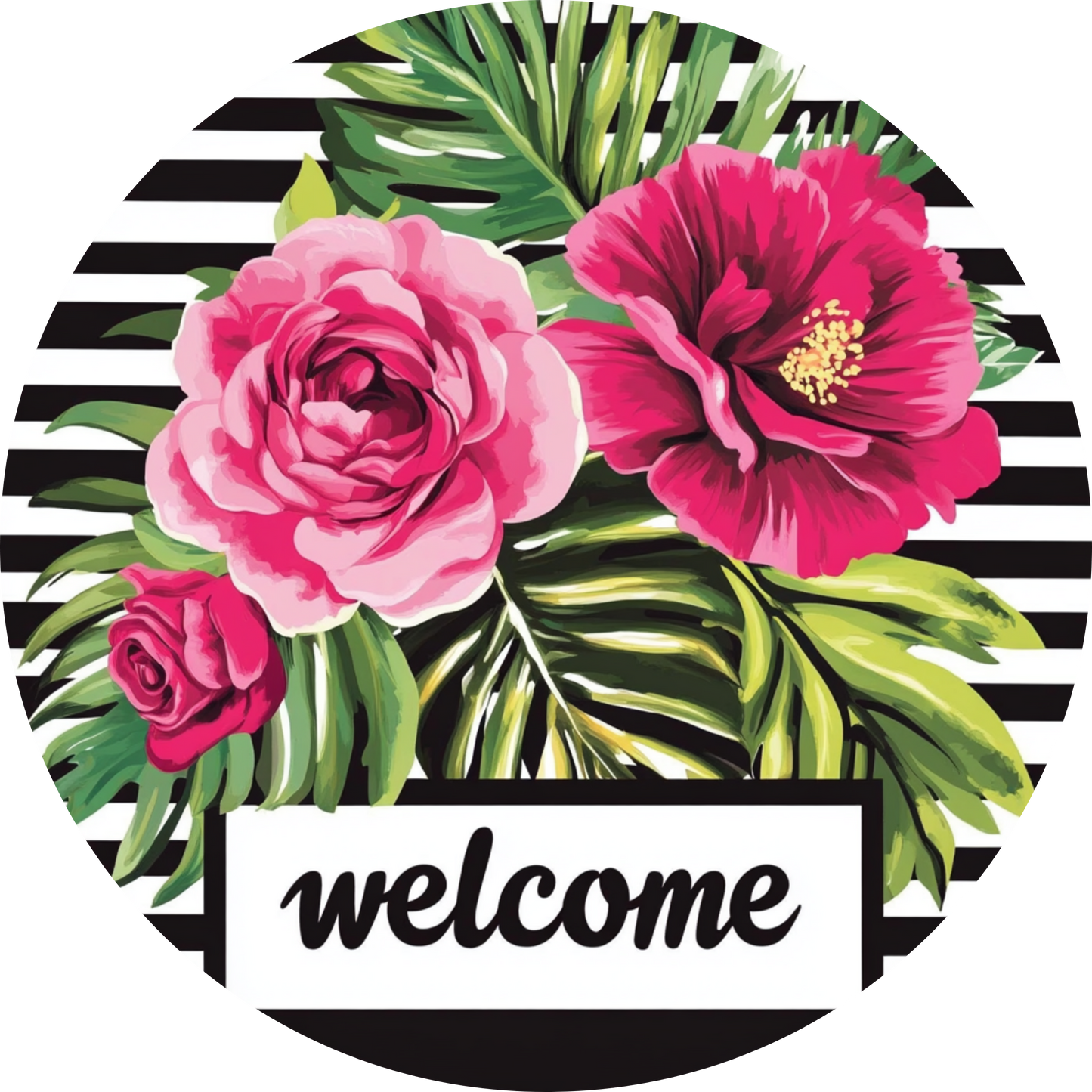 Welcome Pink Flowers Black Stripes  Metal wreath Sign MS-1079
