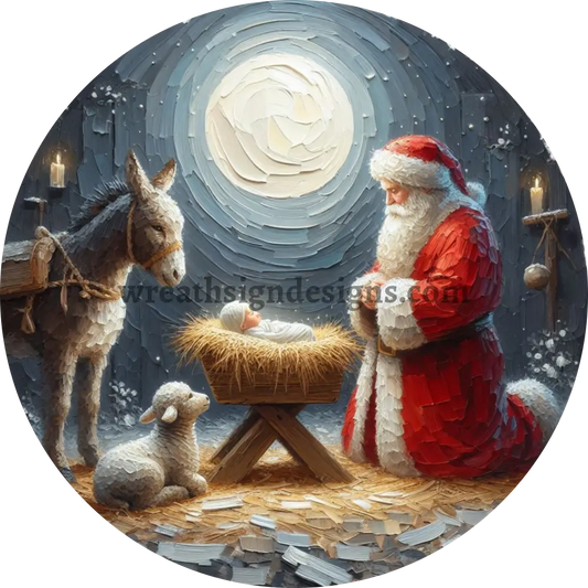 Abstract Nativity Scene Baby Jesus and Santa- Christmas Wreath Sign MS-1265