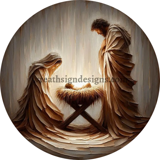 Abstract Nativity Scene Mary Joseph Baby Jesus- Christmas Wreath Sign MS-1258