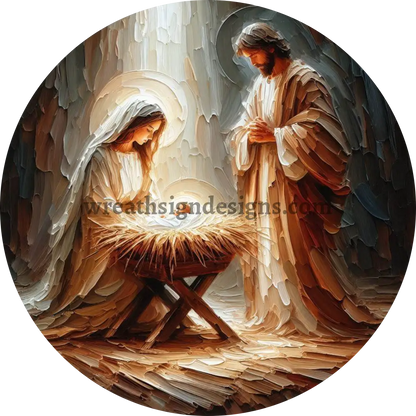 Abstract Nativity Scene Mary Joseph Baby Jesus- Christmas Wreath Sign MS-1260 8’’