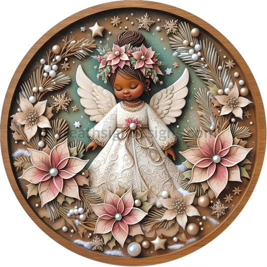 African American Winter Angel And Poinsettias Round Metal Wreath Sign 6’ Decor