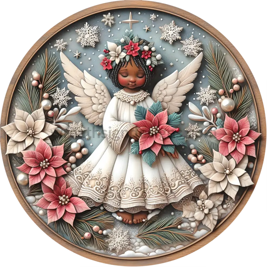 African American Winter Angel And Poinsettias Round Metal Wreath Sign Decor