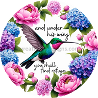 And Under His Wings Hummingbird Hydrangea And Peonies - Faith Based Church Metal Wreath Sign -