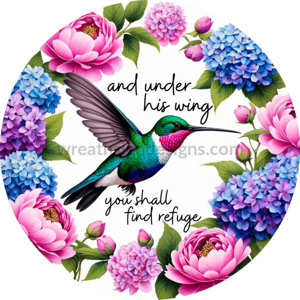 And Under His Wings Hummingbird Hydrangea And Peonies - Faith Based Church Metal Wreath Sign -