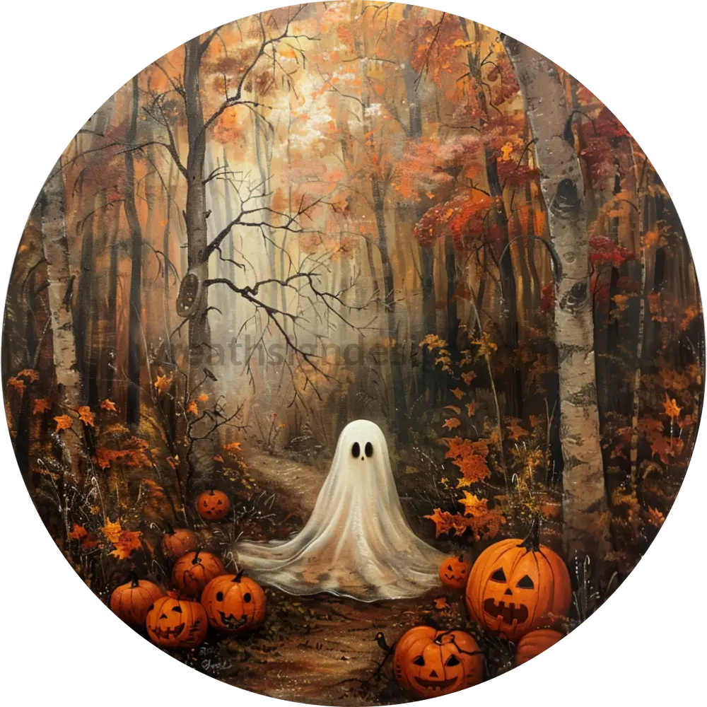 Autumn Forest Ghost Metal Halloween Wreath Sign 8” Circle